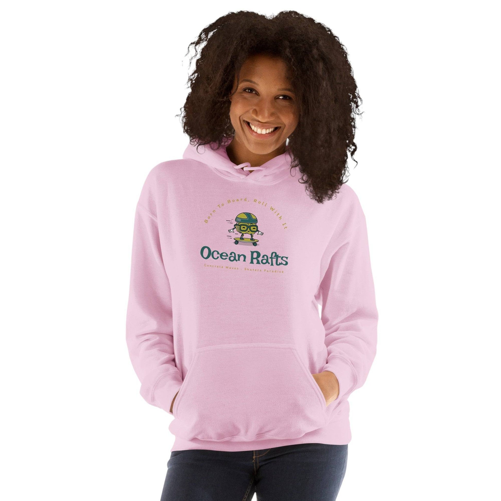 Concrete Waves Hoodie - Ocean Rafts - AU & NZ - women wearing pink Hoodie with Cartoon skater riding a skateboard graphic