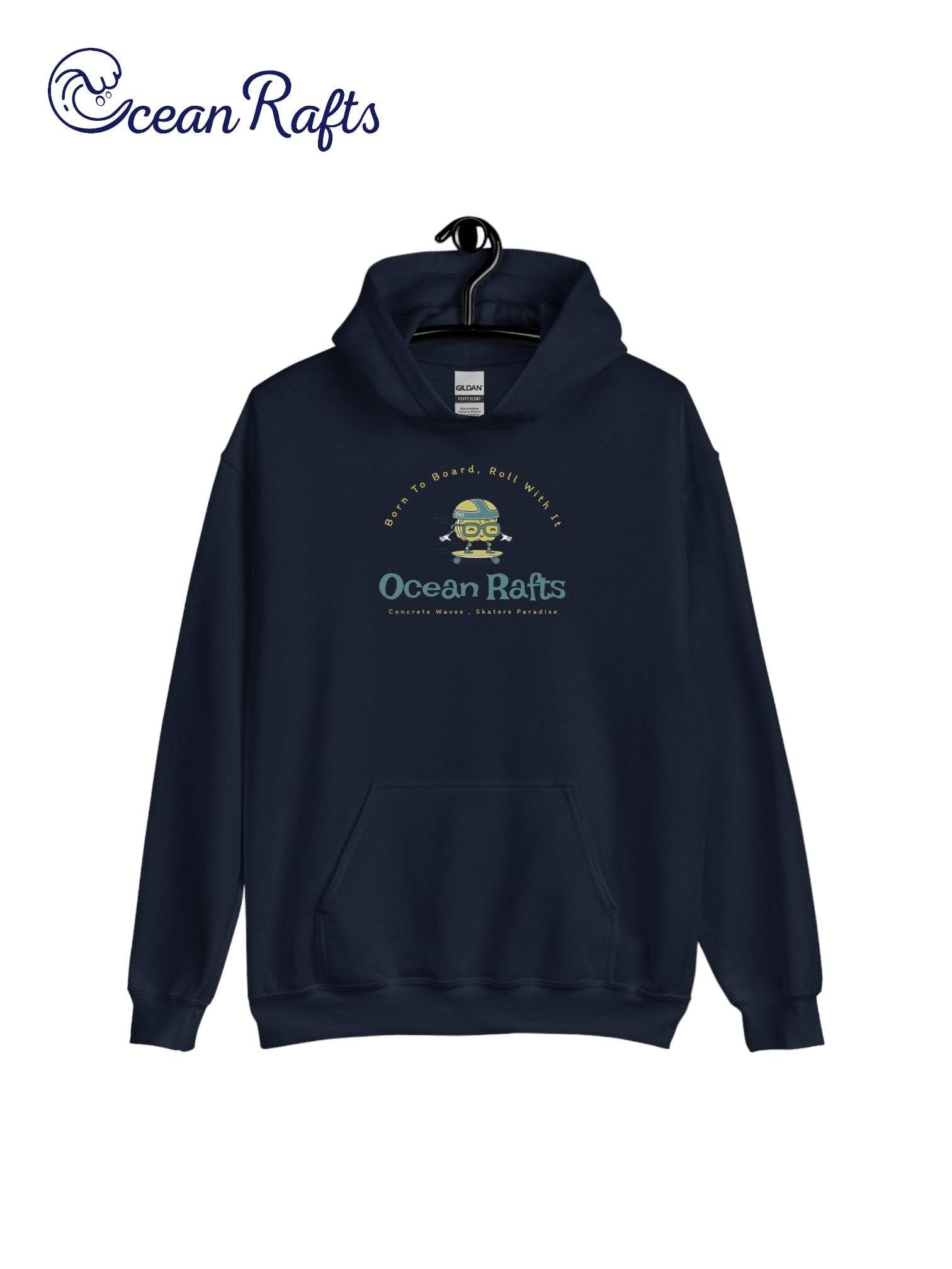 Concrete Waves Hoodie - Ocean Rafts - AU & NZ - navy blue Hoodie with Cartoon skater riding a skateboard graphic