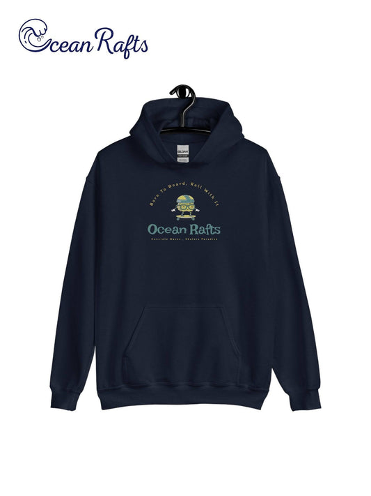 Concrete Waves Hoodie - Ocean Rafts - AU & NZ - navy blue Hoodie with Cartoon skater riding a skateboard graphic