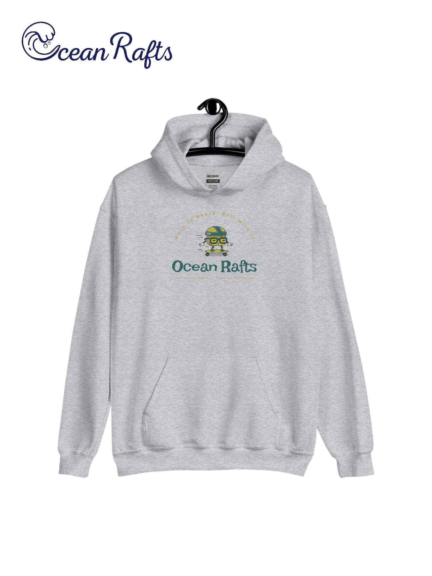 Concrete Waves Hoodie - Ocean Rafts - AU & NZ - grey Hoodie with Cartoon skater riding a skateboard graphic