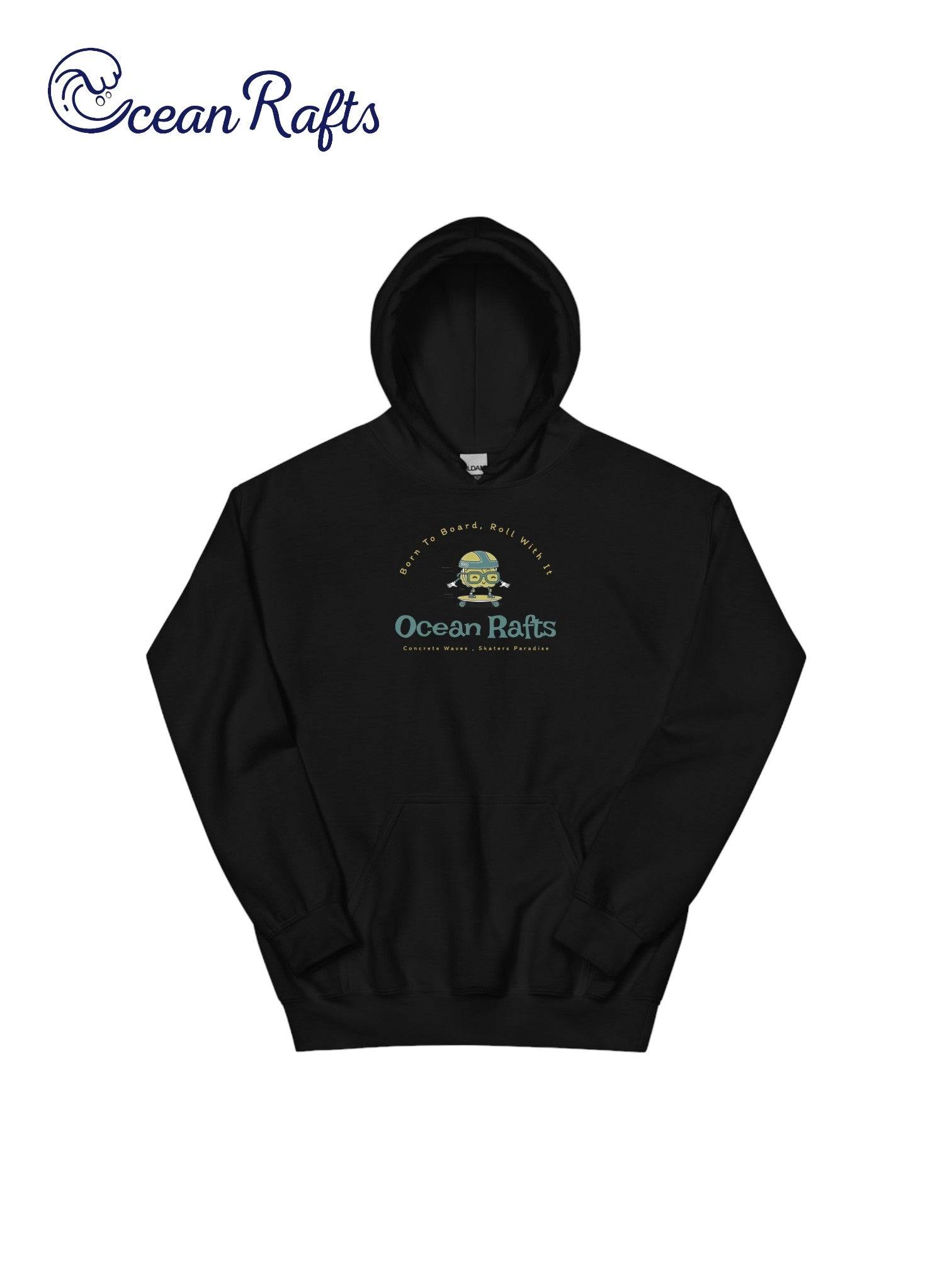 Concrete Waves Hoodie - Ocean Rafts - AU & NZ - folded black Hoodie with Cartoon skater riding a skateboard graphic
