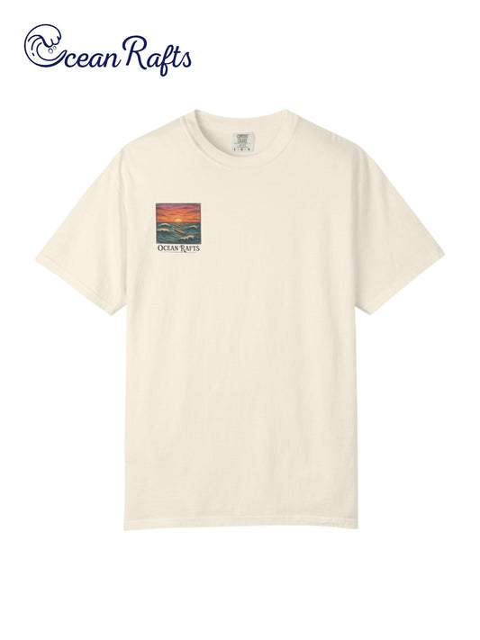 Drift and Dusk Shirt - Ocean Rafts - AU & NZ - beige tee with boxed sunset over ocean and surfboard graphic
