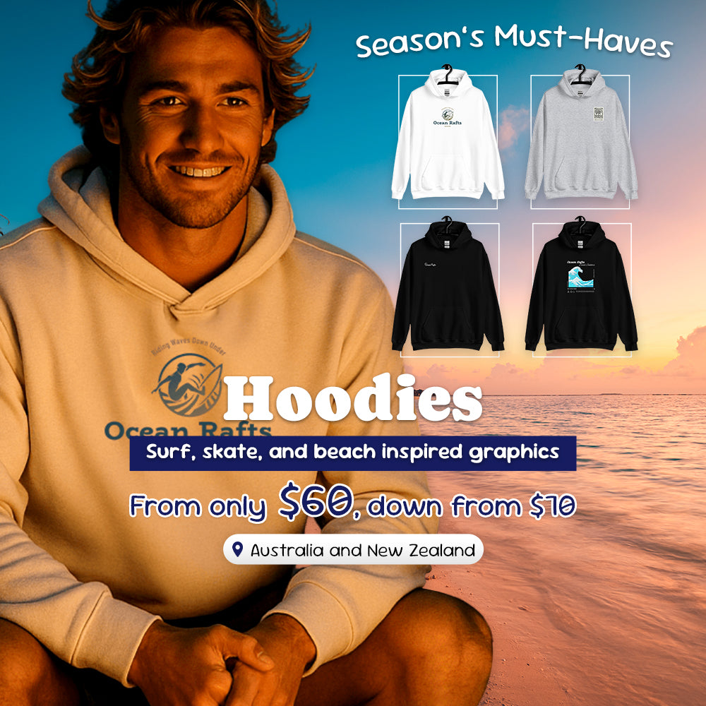 Ocean Rafts Hoodies Ad Banner. Showcases cheap hoodies with beach backdrop from only $60 AU & NZ.