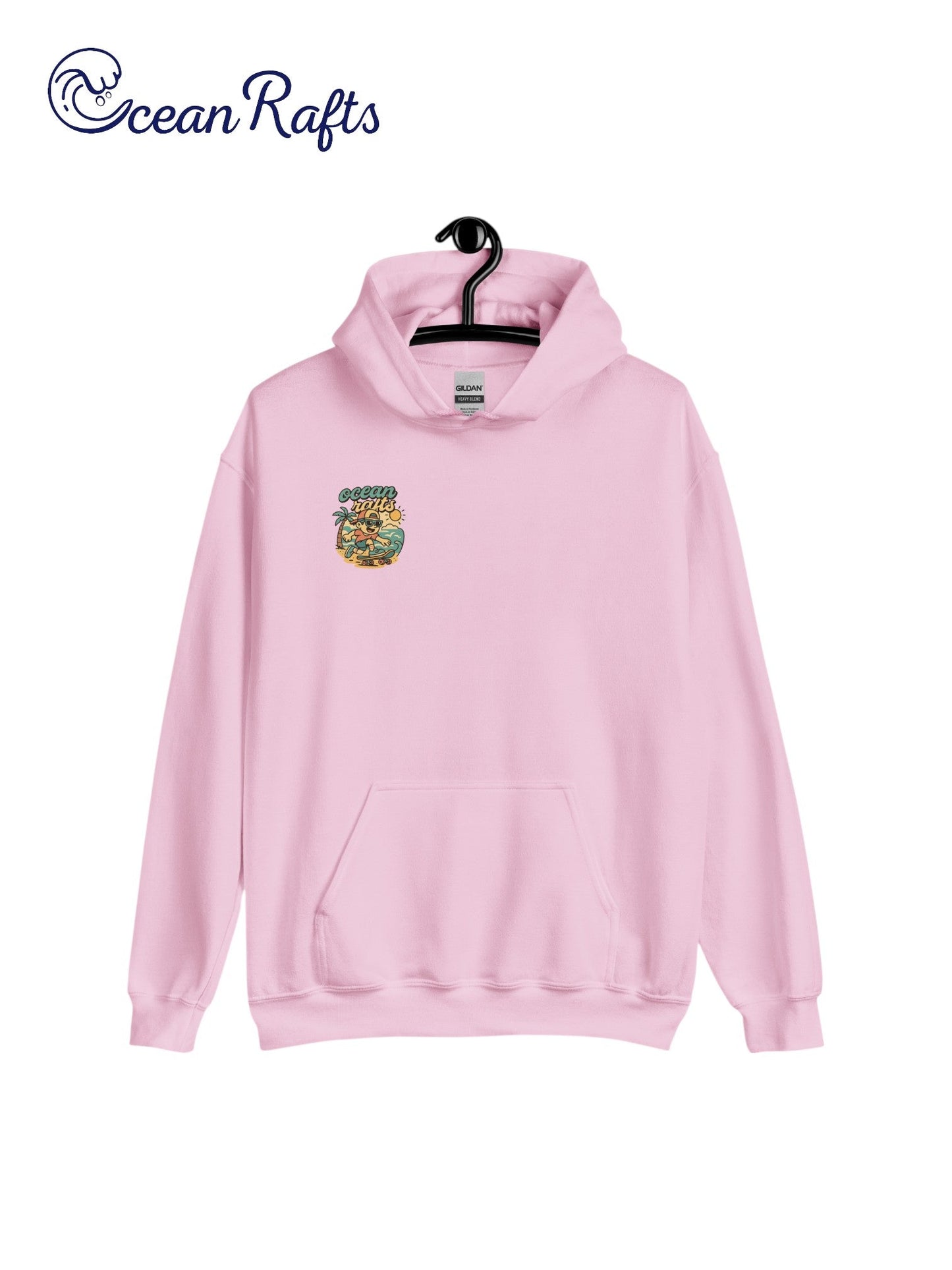 Kick Push Coast Hoodie - Ocean Rafts - AU & NZ - pink hoodie with cartoon boy skateboarding on a beach graphic