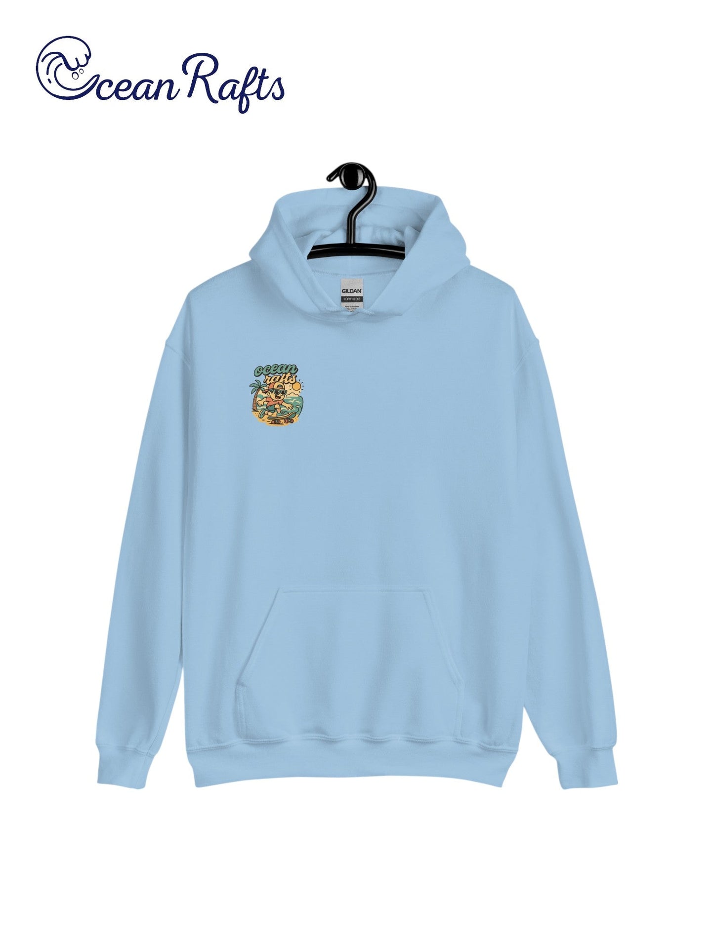 Kick Push Coast Hoodie - Ocean Rafts - AU & NZ - teal hoodie with cartoon boy skateboarding on a beach graphic