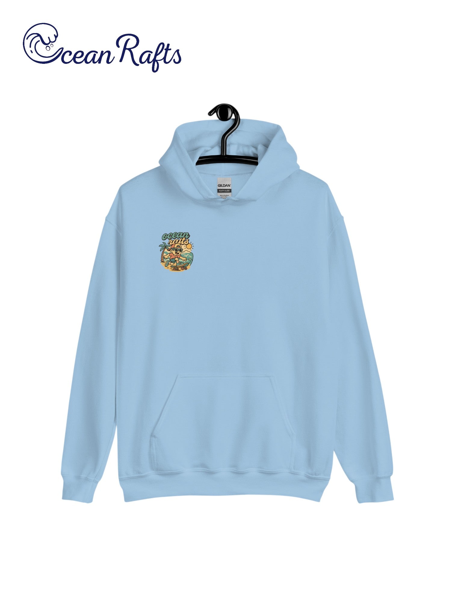 Kick Push Coast Hoodie - Ocean Rafts - AU & NZ - teal hoodie with cartoon boy skateboarding on a beach graphic