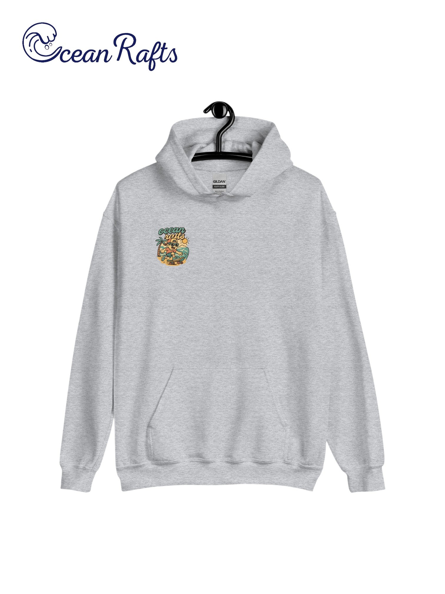 Kick Push Coast Hoodie - Ocean Rafts - AU & NZ - grey hoodie with cartoon boy skateboarding on a beach graphic