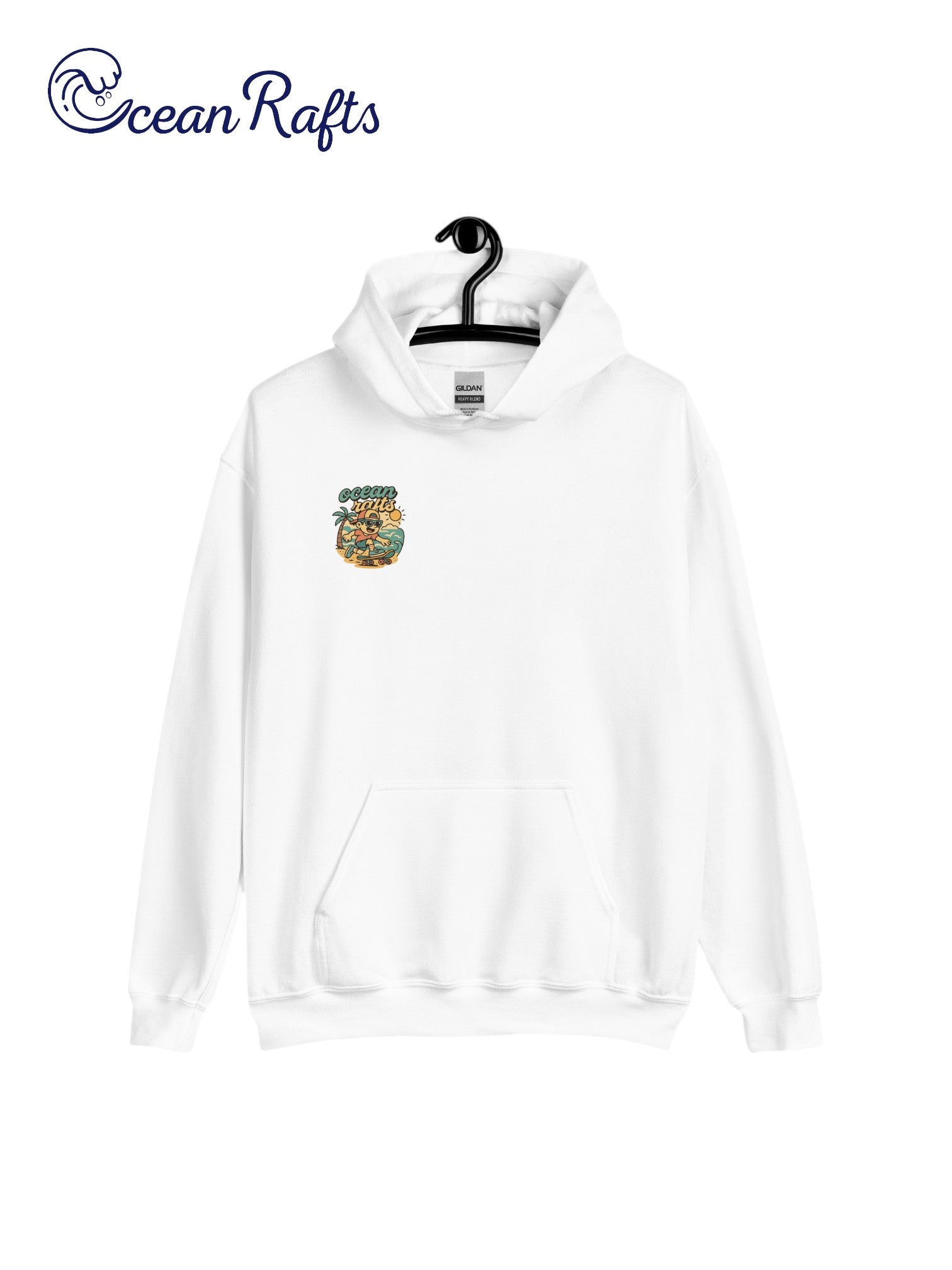 Kick Push Coast Hoodie - Ocean Rafts - AU & NZ - white hoodie with cartoon boy skateboarding on a beach graphic