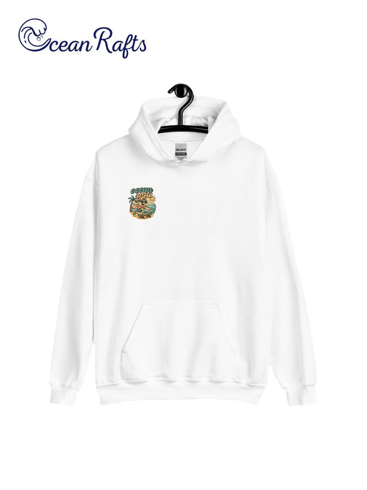 Kick Push Coast Hoodie - Ocean Rafts - AU & NZ - white hoodie with cartoon boy skateboarding on a beach graphic