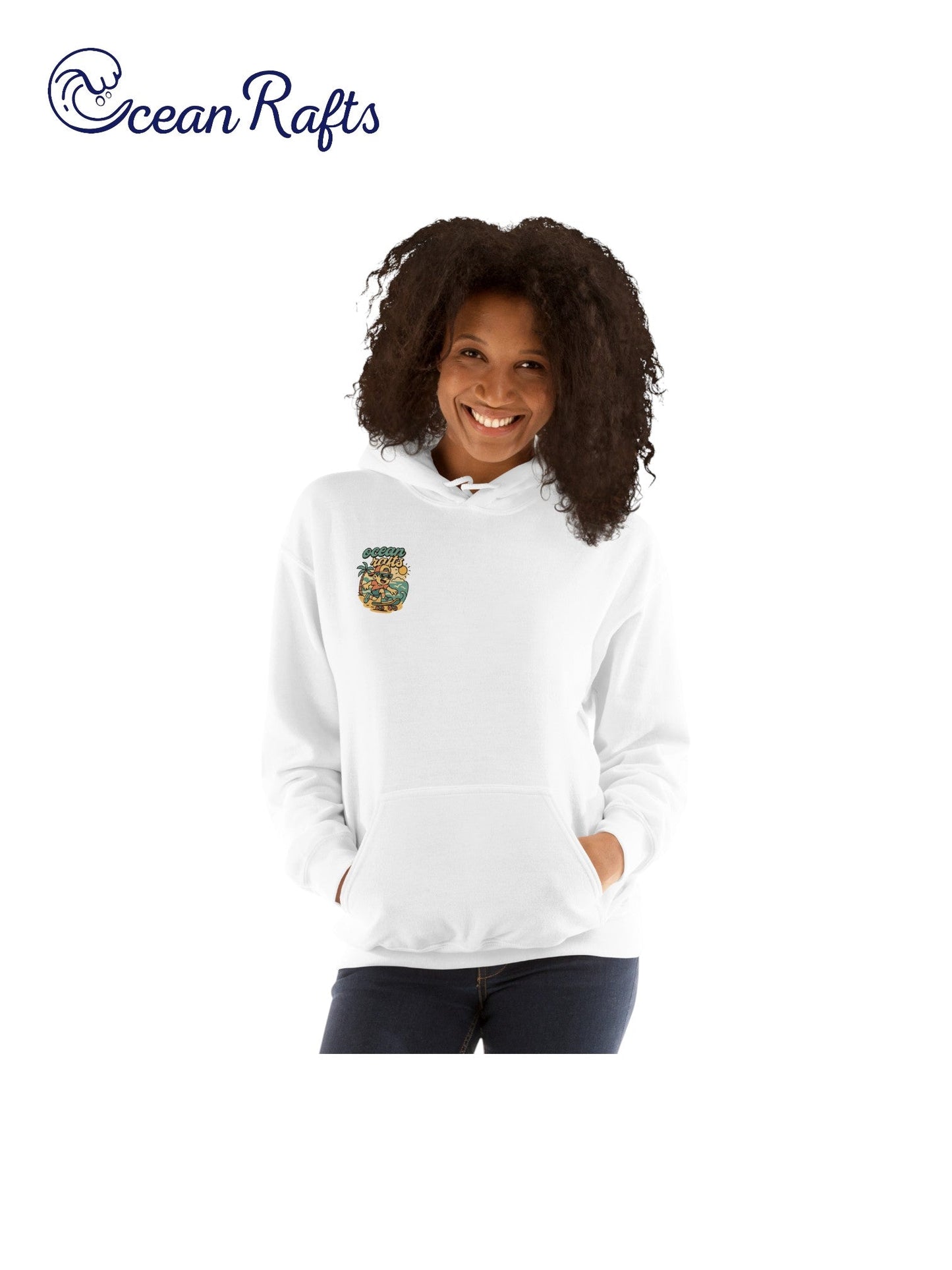 Kick Push Coast Hoodie - Ocean Rafts - AU & NZ - women wearing white hoodie with cartoon boy skateboarding on a beach graphic