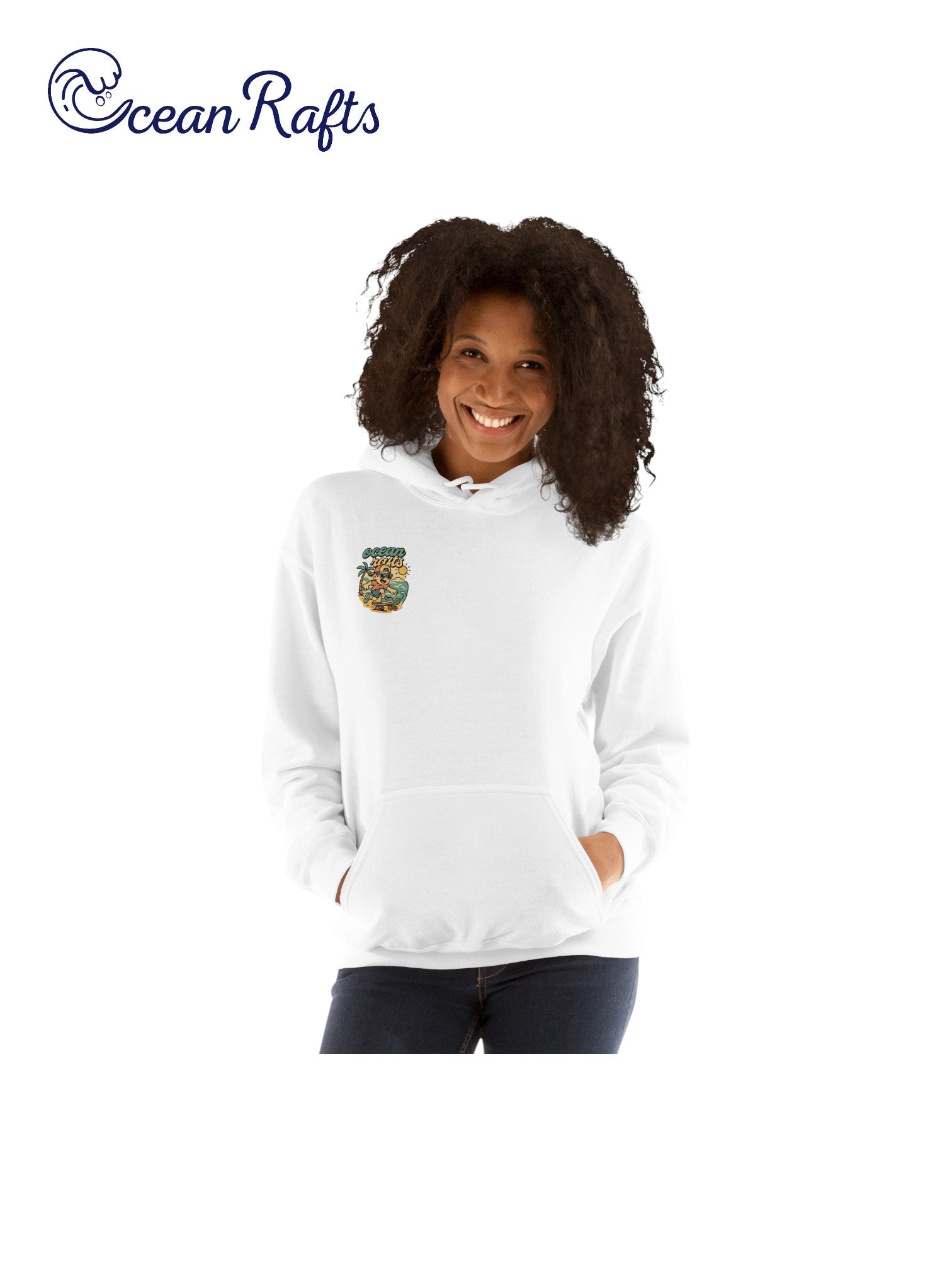 Kick Push Coast Hoodie - Ocean Rafts - AU & NZ - women wearing white hoodie with cartoon boy skateboarding on a beach graphic