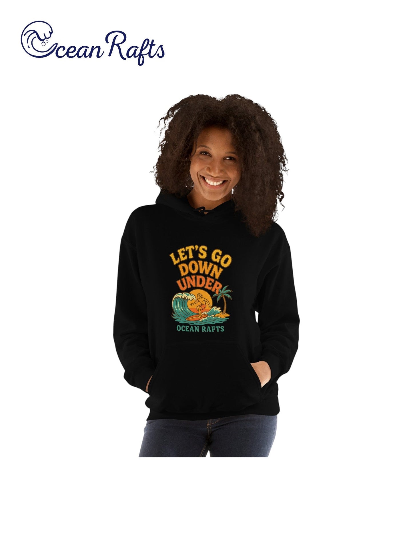 Let's Go Down Under Hoodie - Ocean Rafts - AU & NZ - women wearing black hoodie surfer riding a wave with sunset graphic