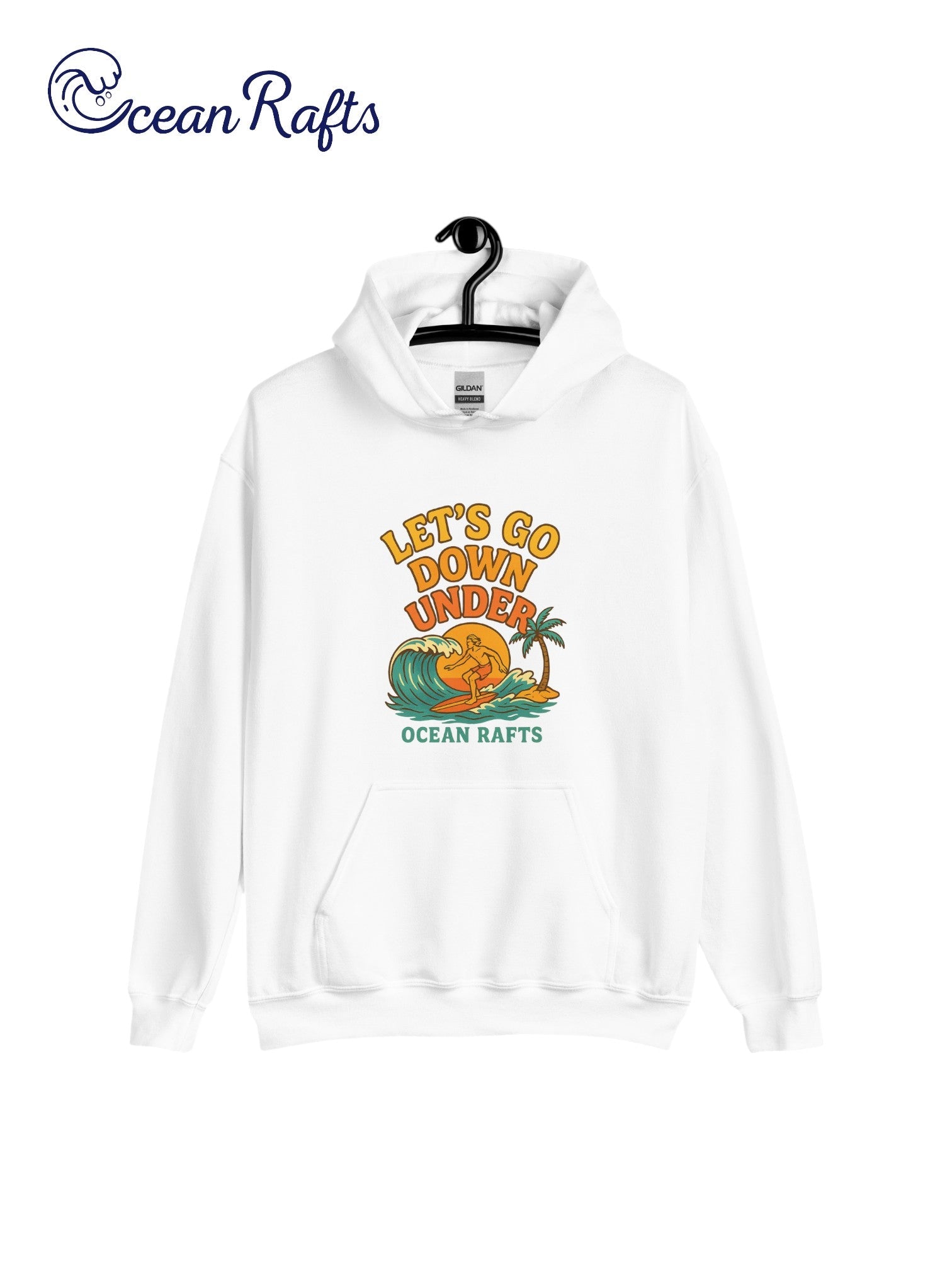 Let's Go Down Under Hoodie - Ocean Rafts - AU & NZ - white hoodie surfer riding a wave with sunset graphic