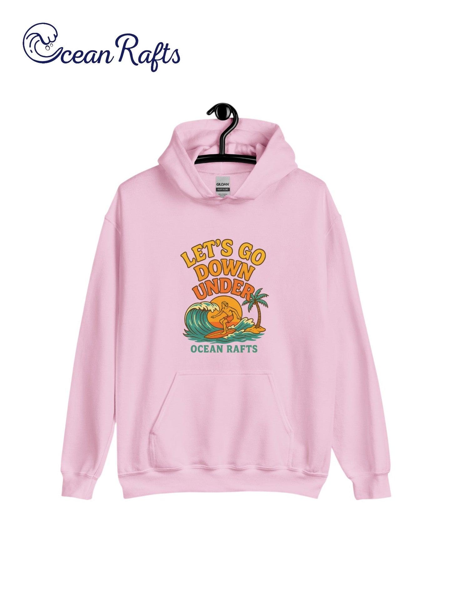 Let's Go Down Under Hoodie - Ocean Rafts - AU & NZ - pink hoodie surfer riding a wave with sunset graphic