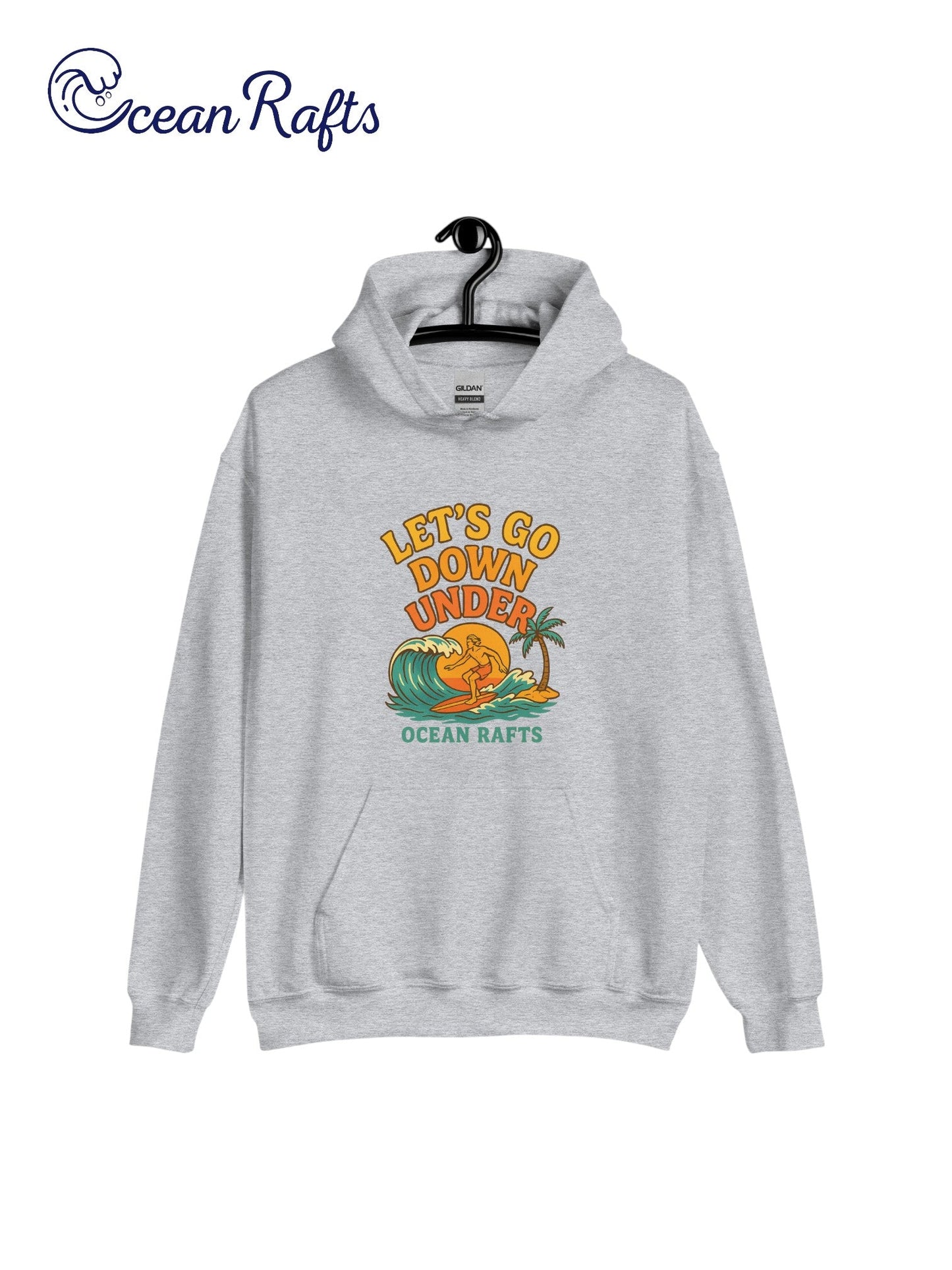 Let's Go Down Under Hoodie - Ocean Rafts - AU & NZ - grey hoodie surfer riding a wave with sunset graphic