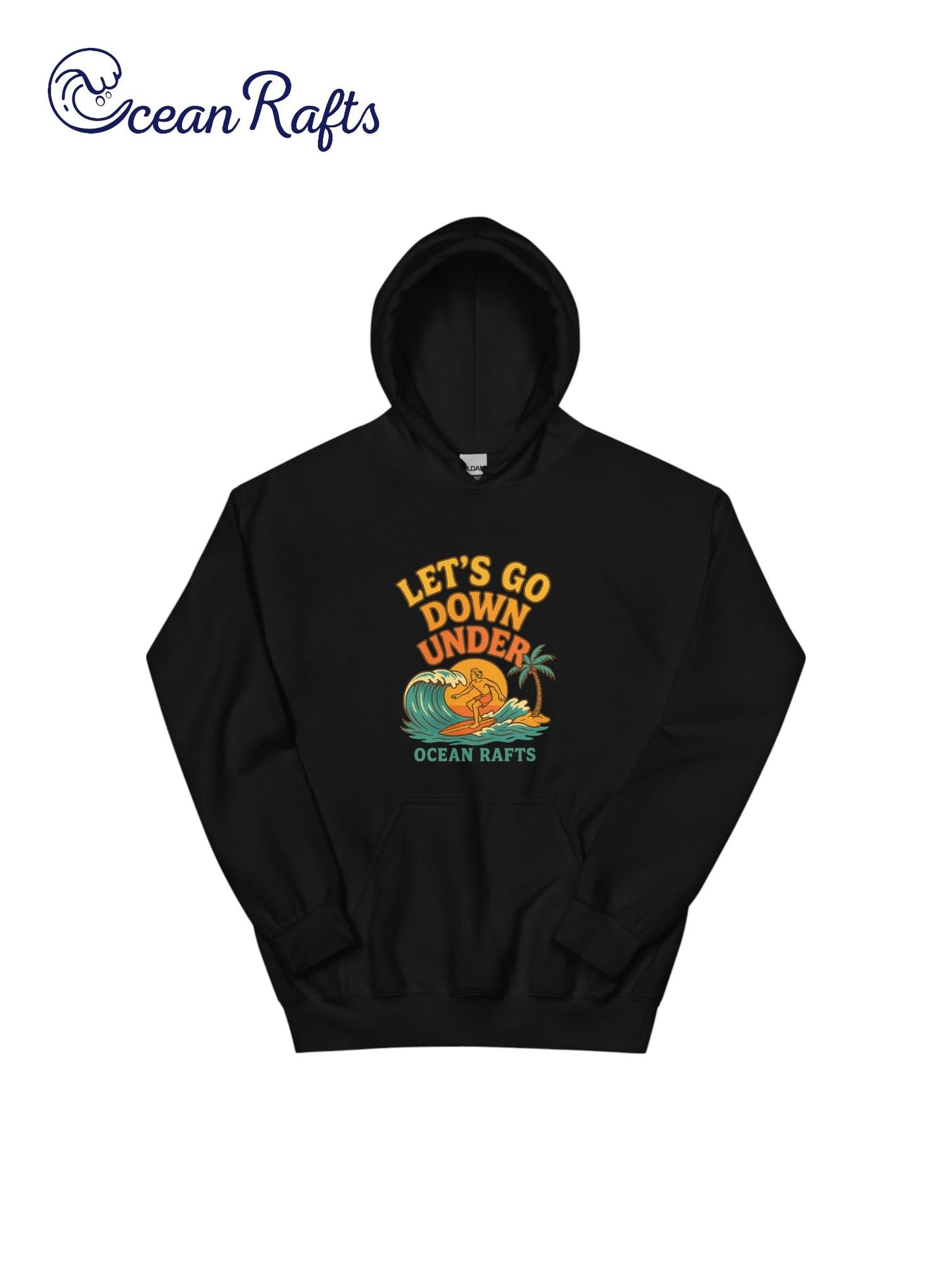 Let's Go Down Under Hoodie - Ocean Rafts - AU & NZ - folded black hoodie surfer riding a wave with sunset graphic
