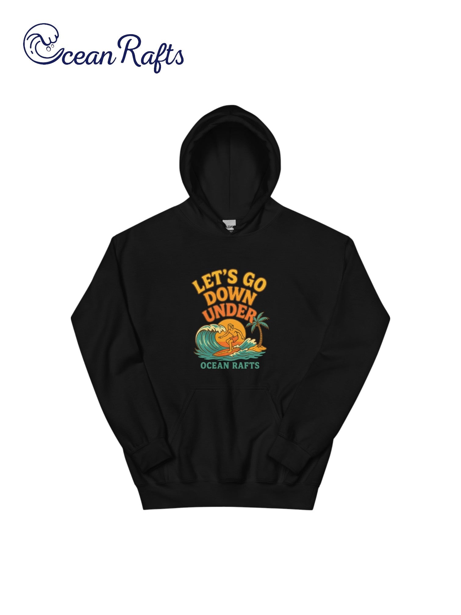 Let's Go Down Under Hoodie - Ocean Rafts - AU & NZ - folded black hoodie surfer riding a wave with sunset graphic
