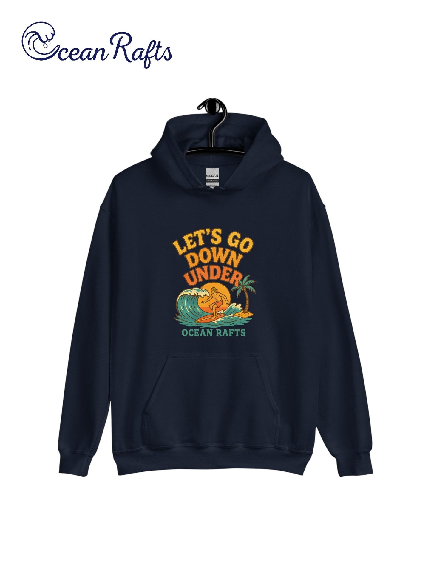 Let's Go Down Under Hoodie - Ocean Rafts - AU & NZ - navy blue hoodie surfer riding a wave with sunset graphic