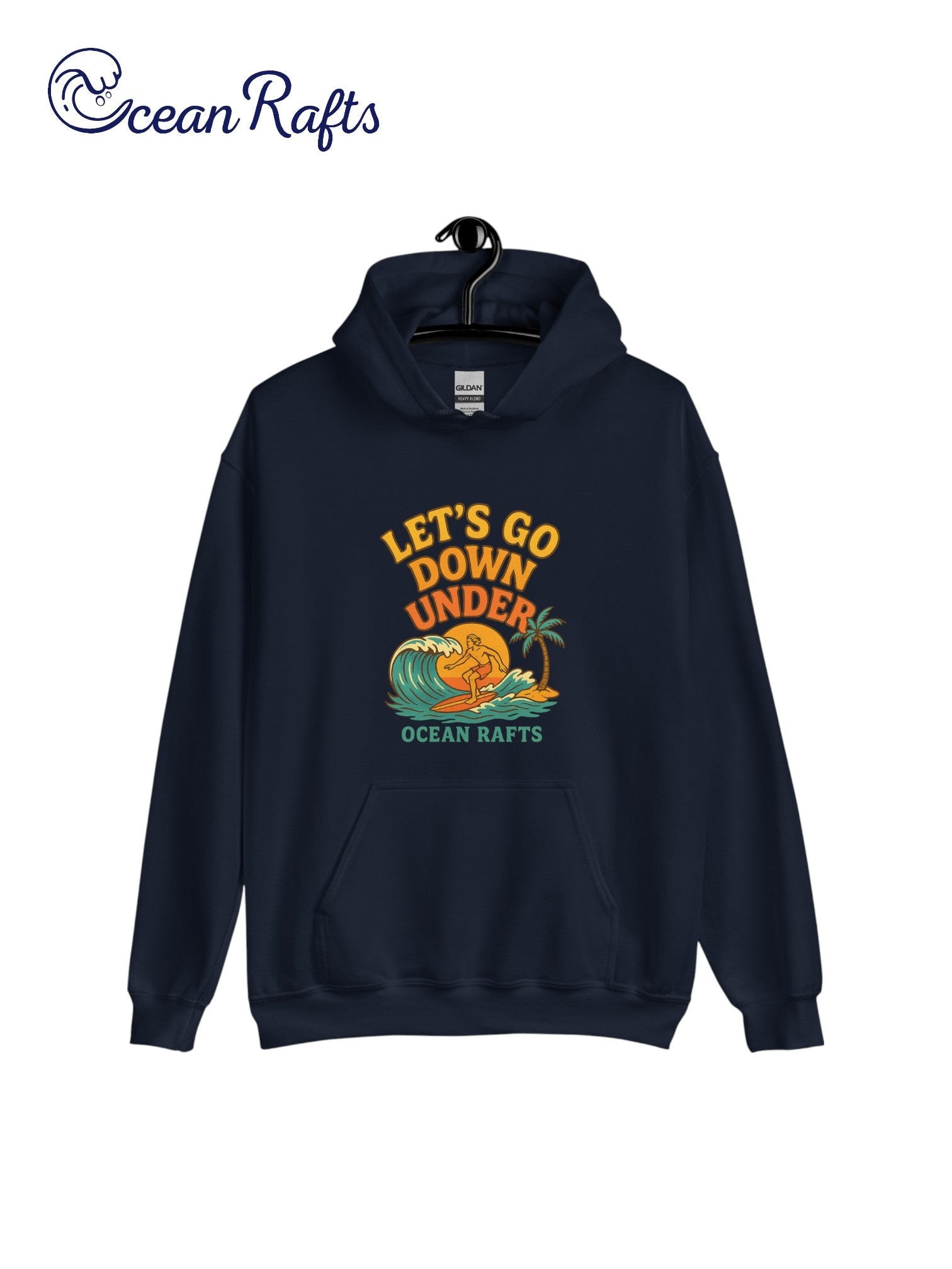 Let's Go Down Under Hoodie - Ocean Rafts - AU & NZ - navy blue hoodie surfer riding a wave with sunset graphic