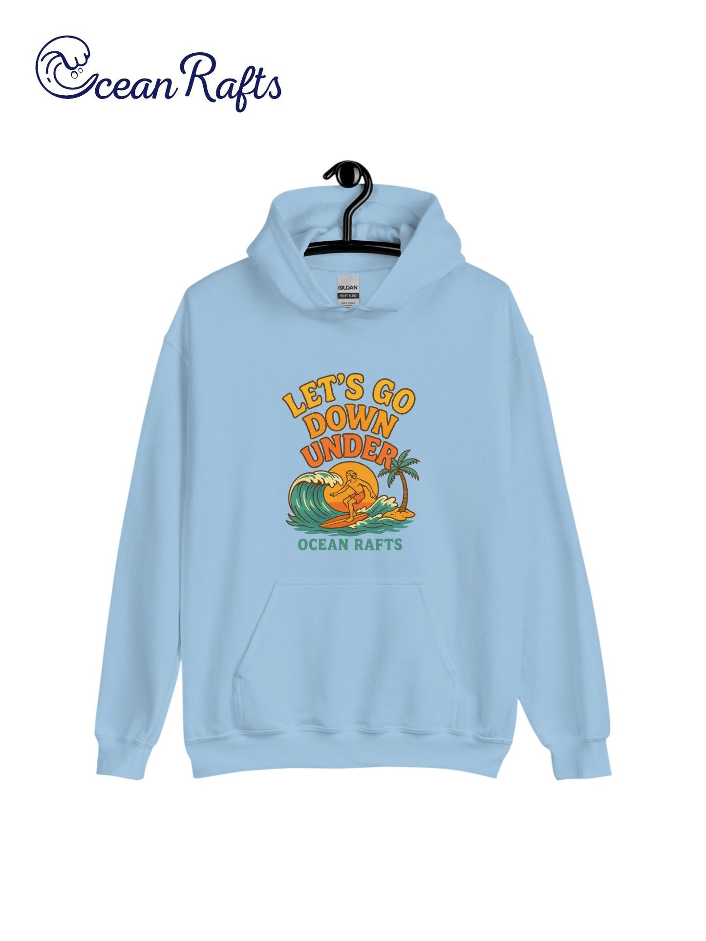 Let's Go Down Under Hoodie - Ocean Rafts - AU & NZ - teal hoodie surfer riding a wave with sunset graphic