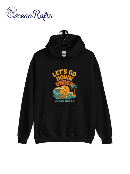 Let's Go Down Under Hoodie - Ocean Rafts - AU & NZ - black hoodie surfer riding a wave with sunset graphic