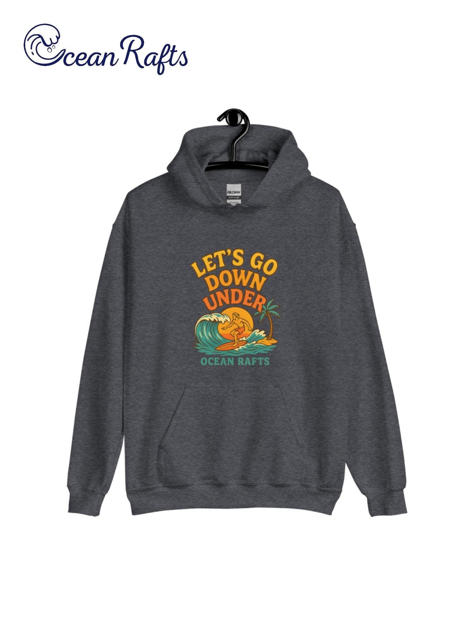 Let's Go Down Under Hoodie - Ocean Rafts - AU & NZ - grey hoodie surfer riding a wave with sunset graphic