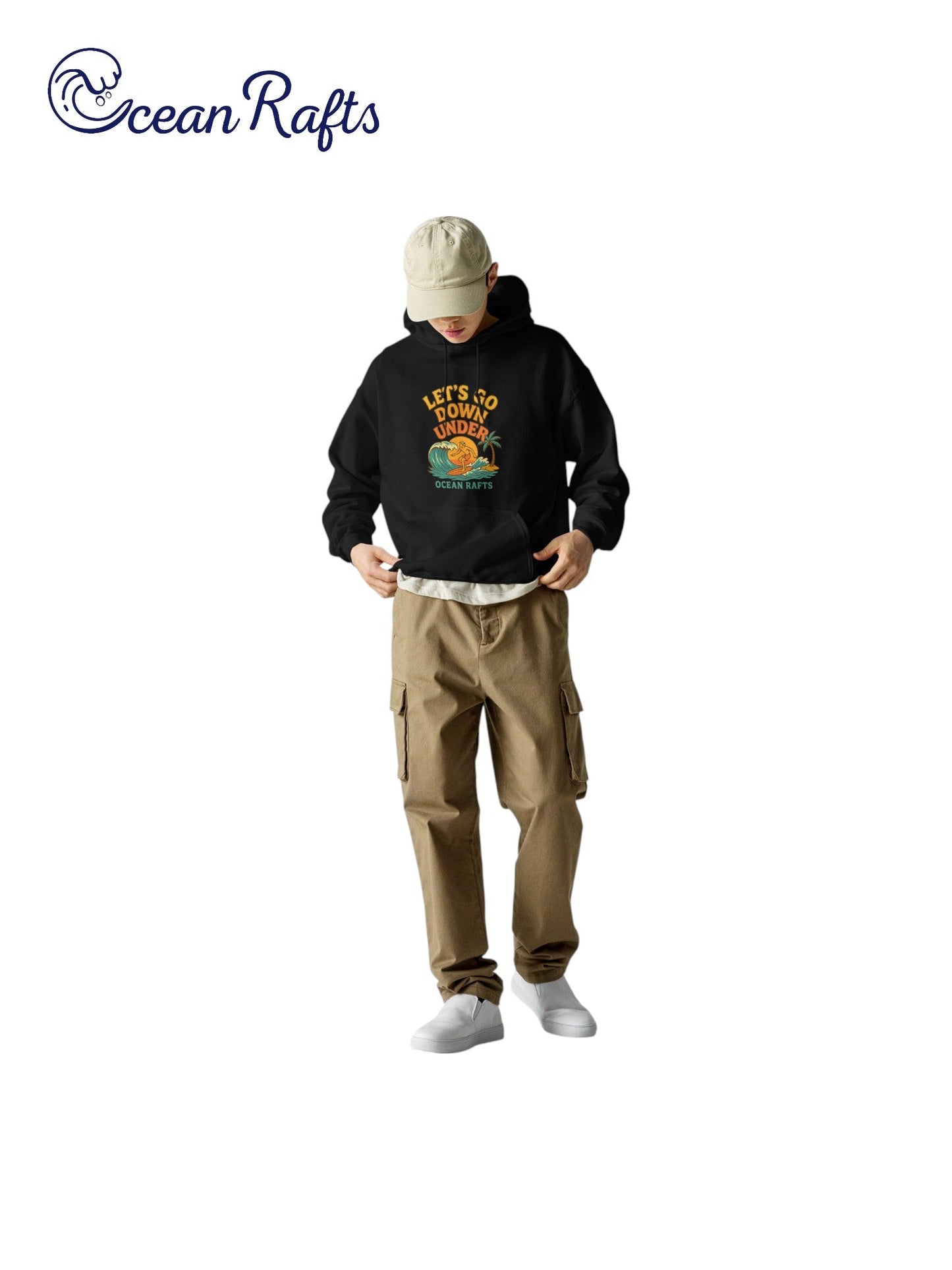 Let's Go Down Under Hoodie - Ocean Rafts - AU & NZ - man wearing black hoodie surfer riding a wave with sunset graphic