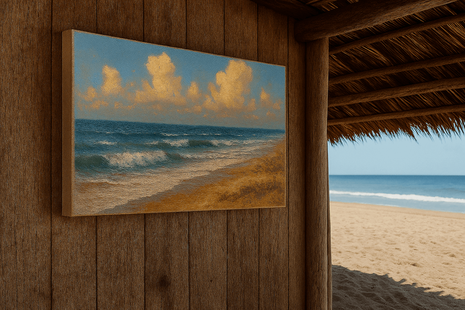 Beach scene with ocean waves and clouds, framed as a painting on a wooden wall.