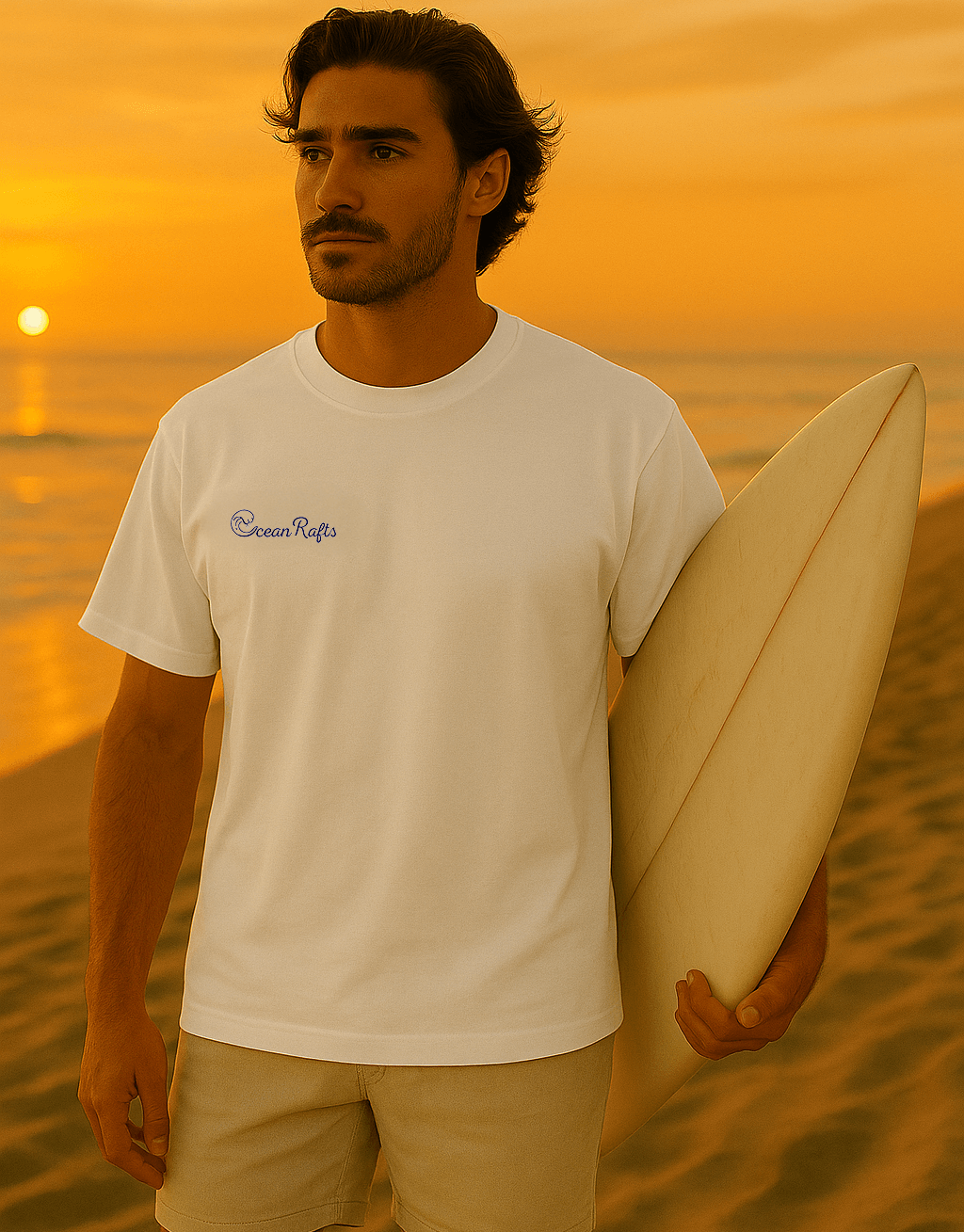 Man holding a surfboard on a beach at sunset
