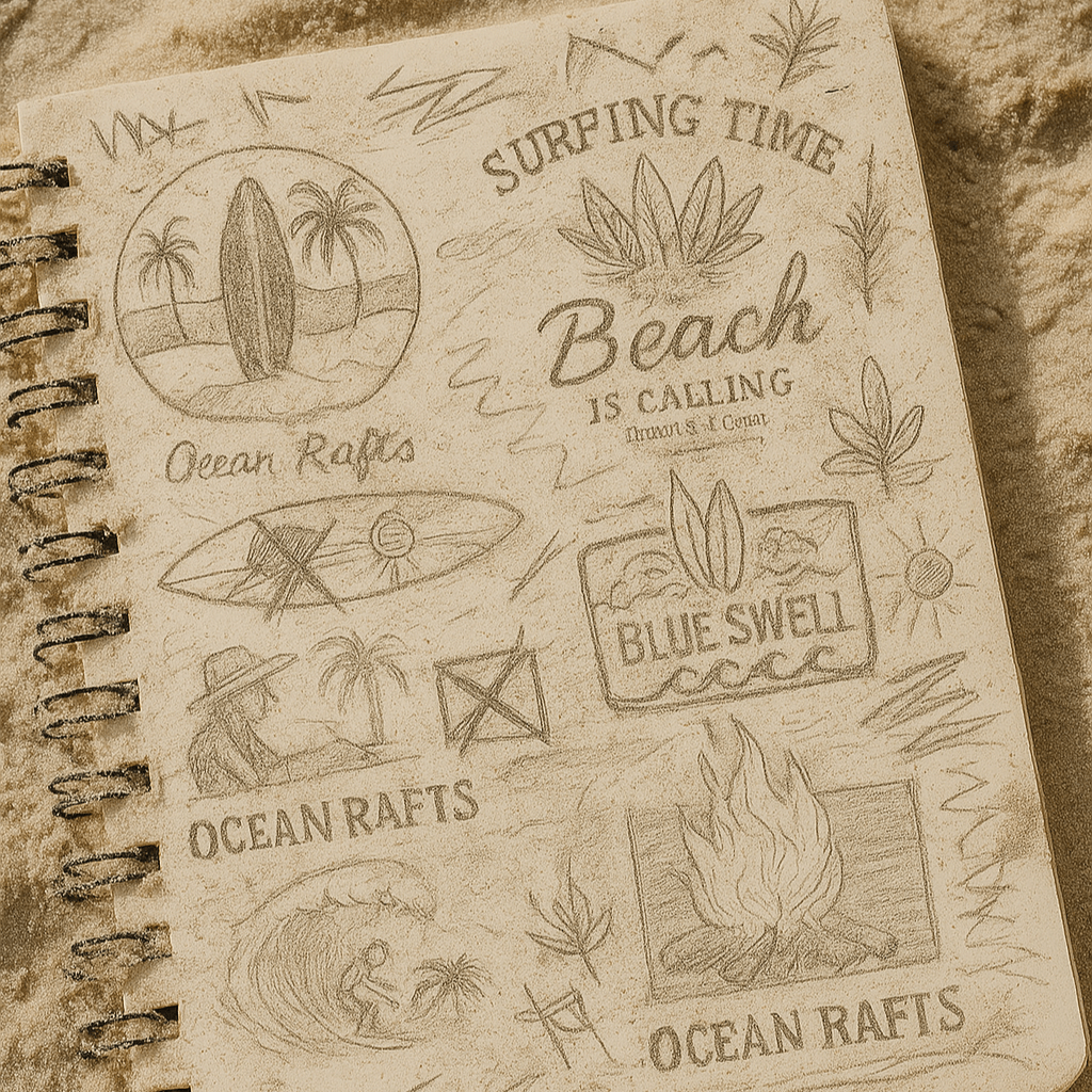 Notebook cover with beach-themed illustrations and text on sand