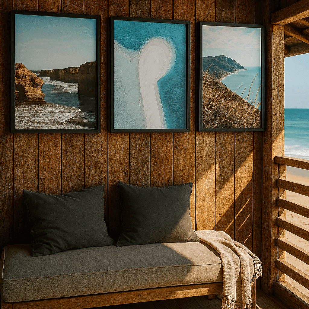 Framed beachscape pictures on a wooden wall above a cushioned bench.
