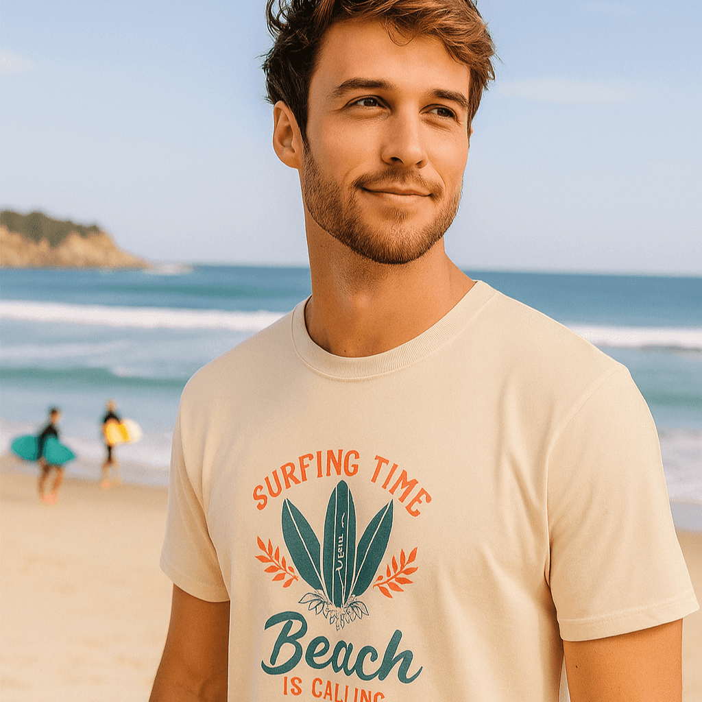 Man wearing a 'Surfing Time Beach is Calling' t-shirt on a beach with people and surfboards in the background.