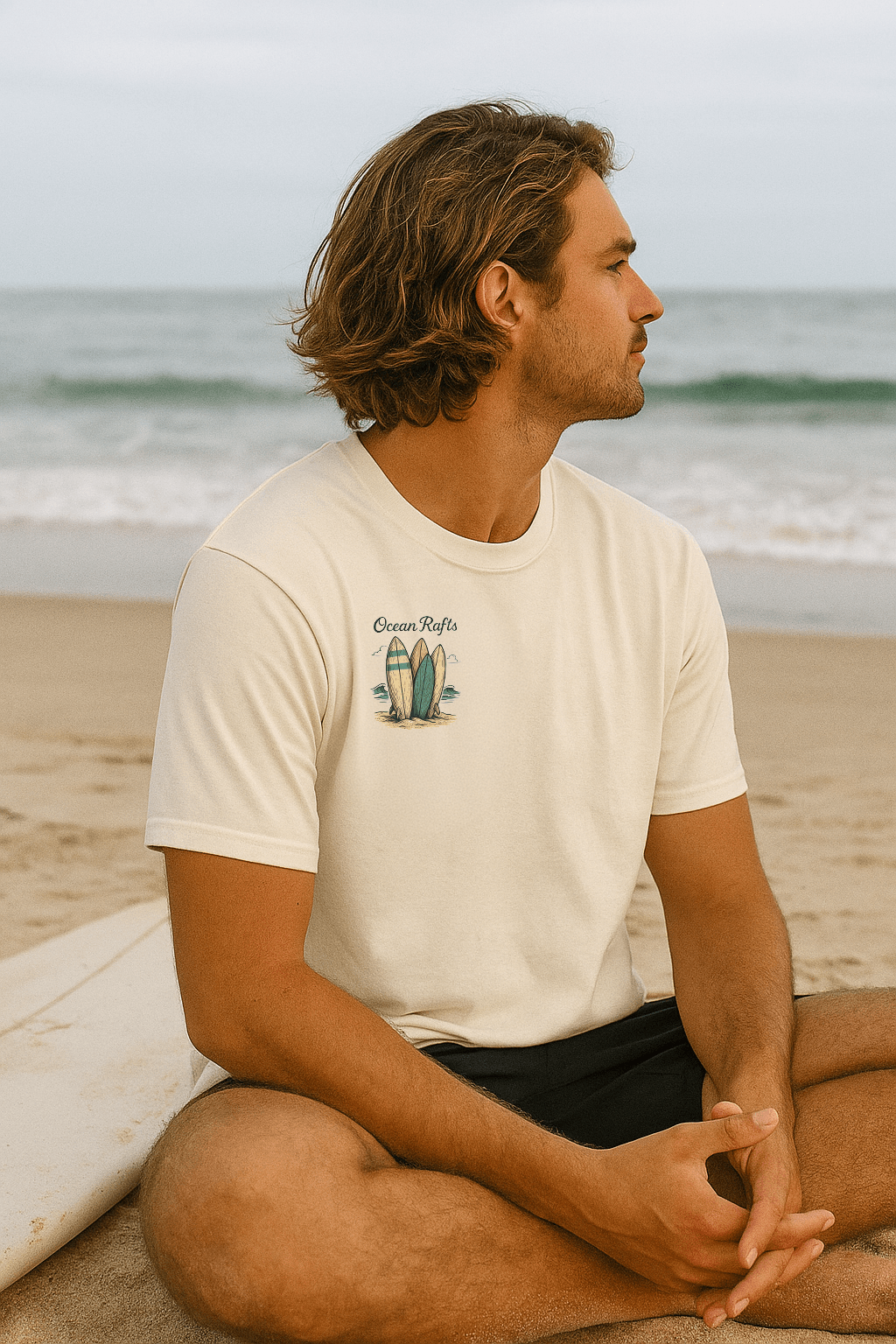 Man sitting on a beach with a white t-shirt featuring a graphic design.