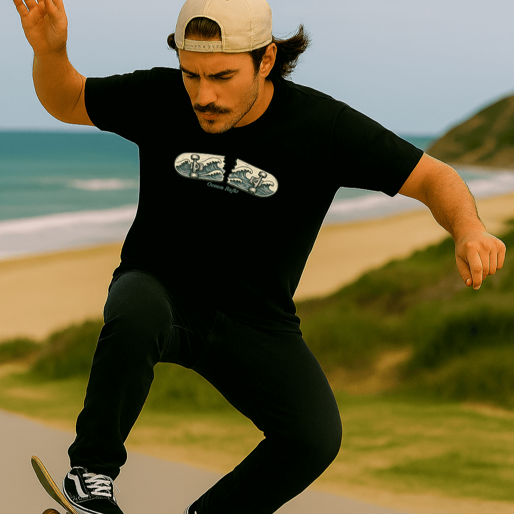 Skateboarder performing a trick wearing ocean rafts graphic relaxed fit t-shirt.