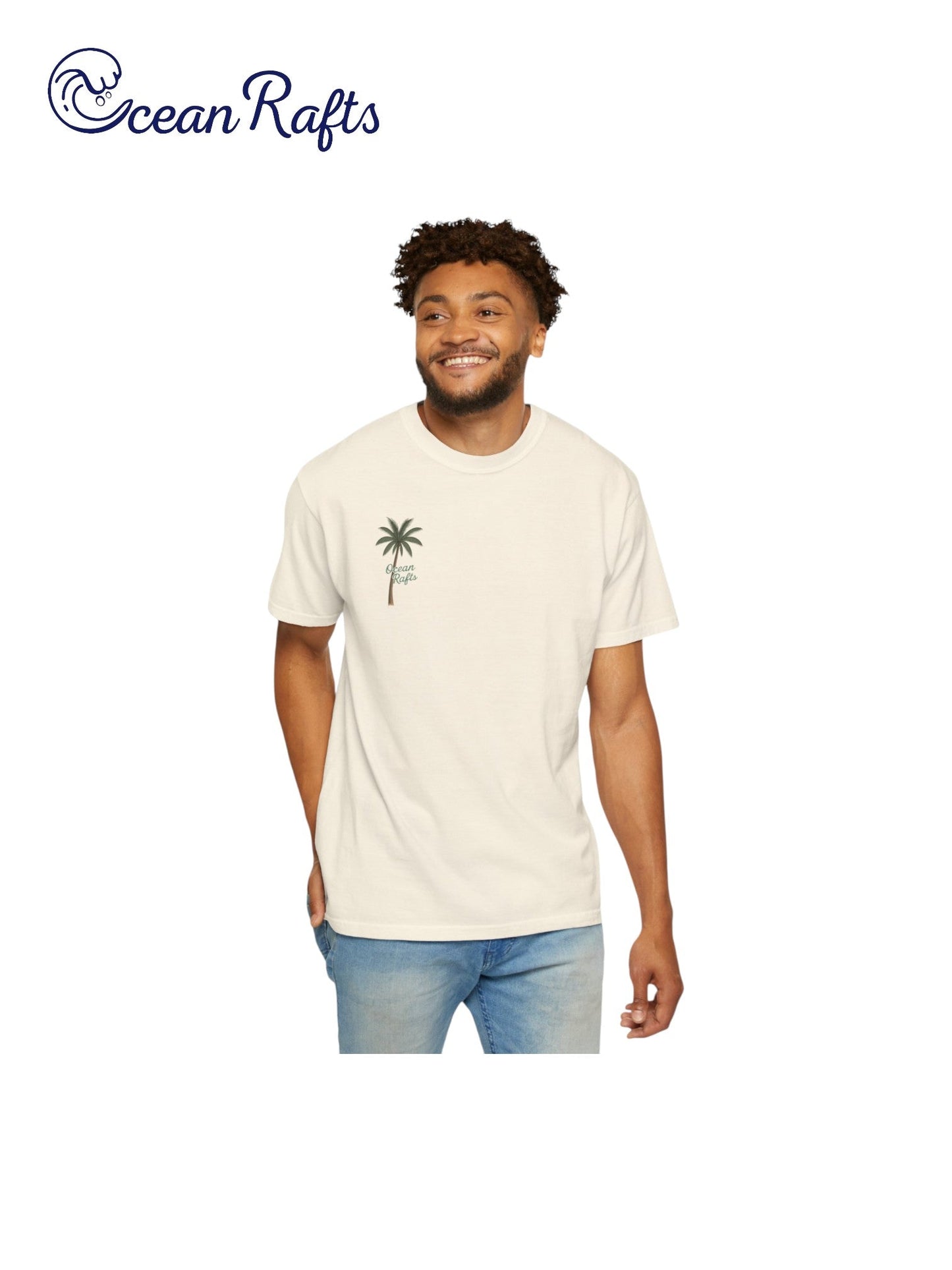 Palm Echo Shirt - Ocean Rafts- AU & NZ - man wearing tee with palm tree graphic on right side of shirt
