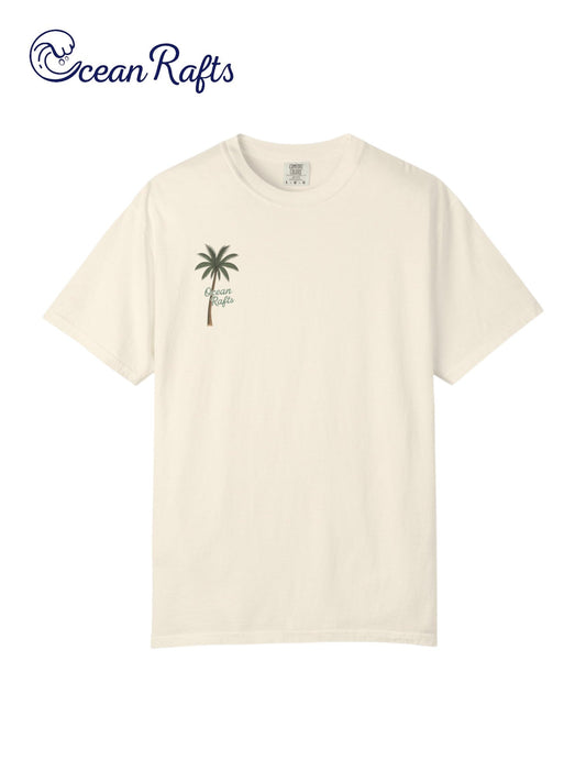 Palm Echo Shirt - Ocean Rafts - AU & NZ - beige tee with palm tree graphic on right side of shirt