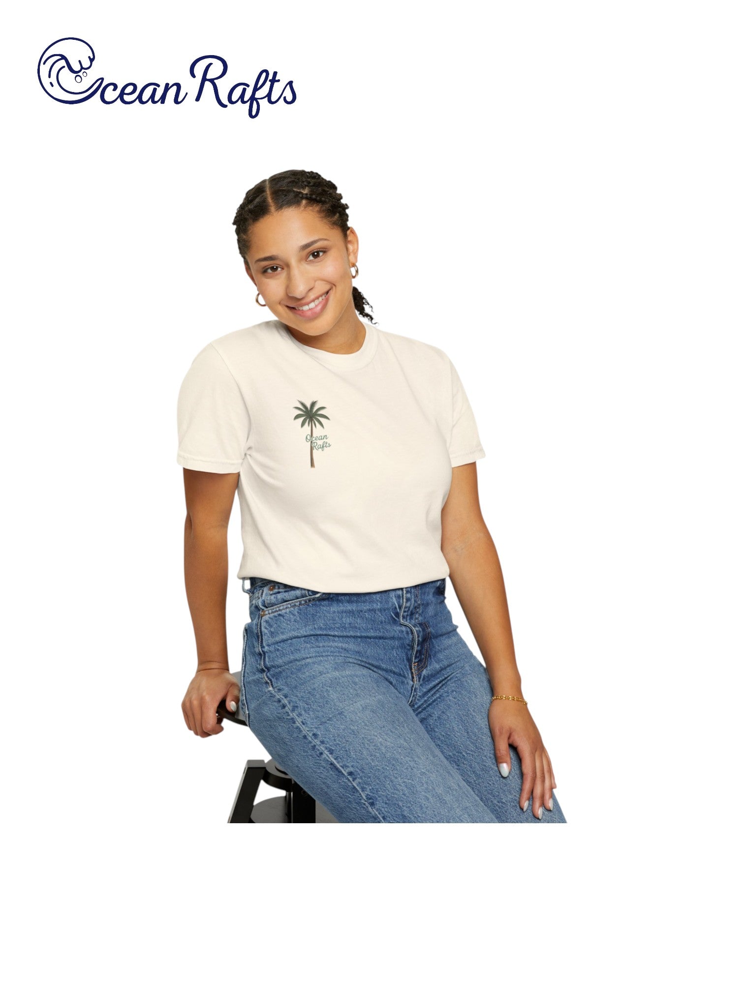 Palm Echo Shirt - Ocean Rafts- AU & NZ - women wearing tee with palm tree graphic on right side of shirt