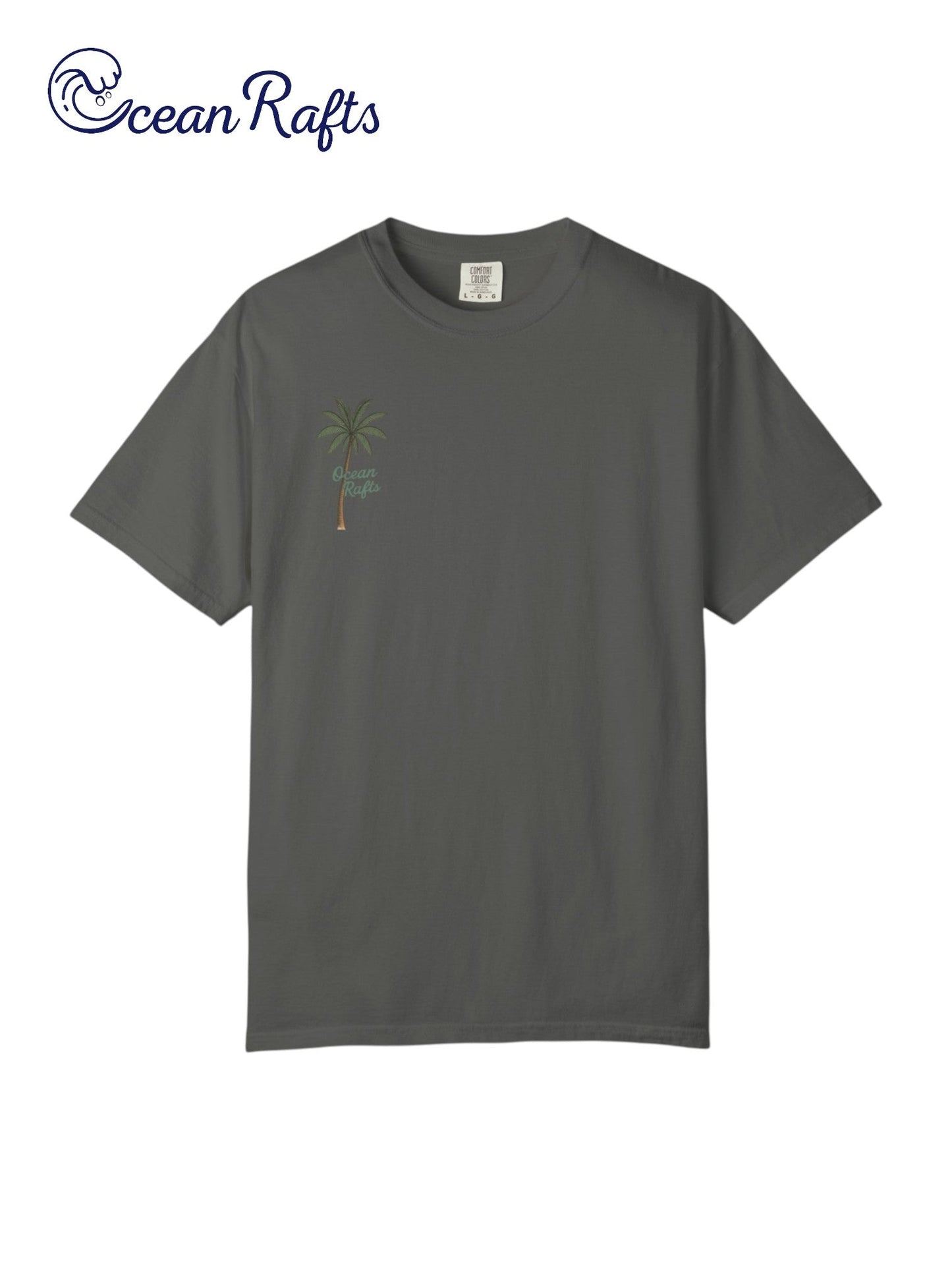 Palm Echo Shirt - Ocean Rafts- AU & NZ - grey tee with palm tree graphic on right side of shirt