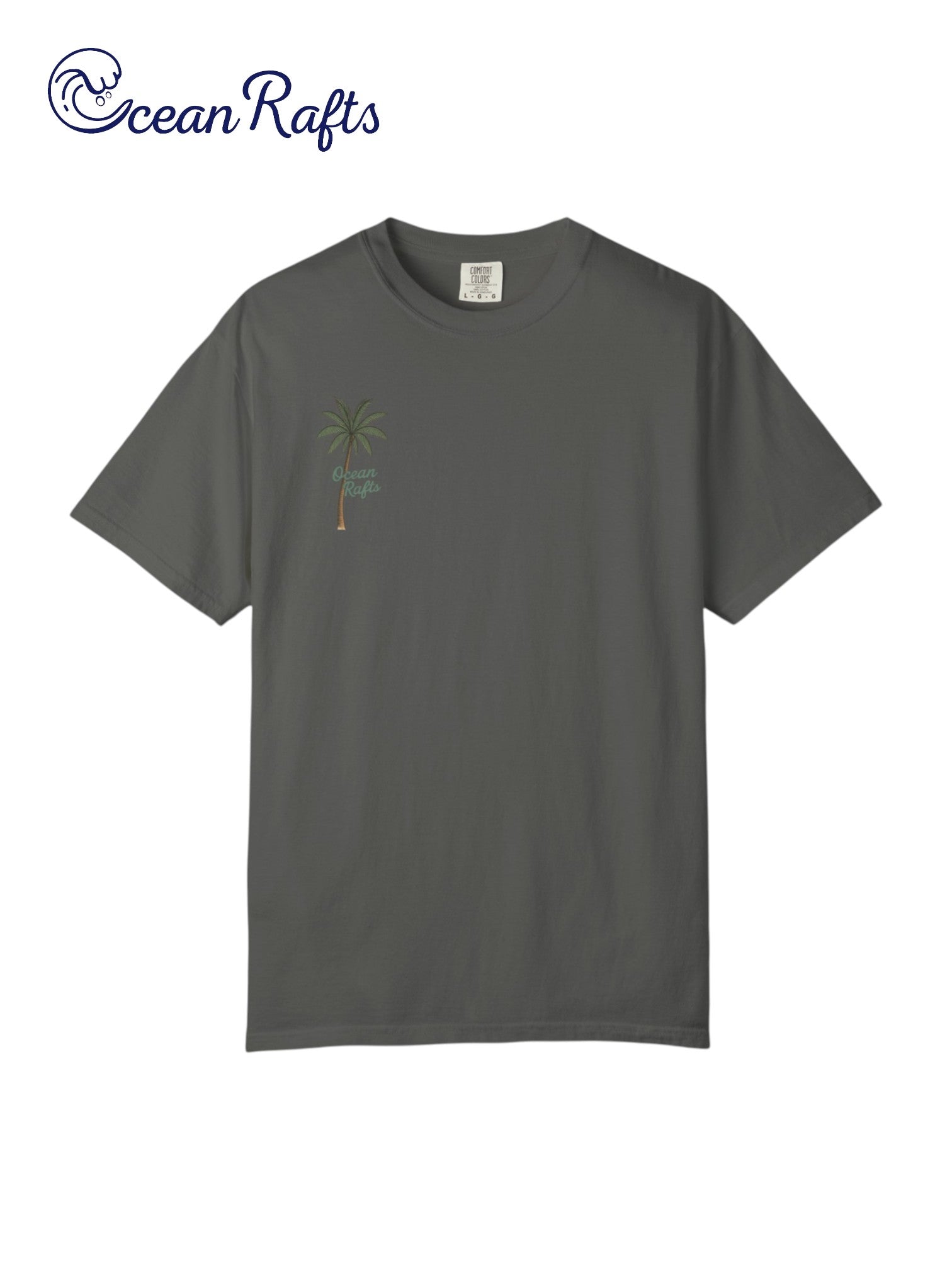 Palm Echo Shirt - Ocean Rafts- AU & NZ - grey tee with palm tree graphic on right side of shirt