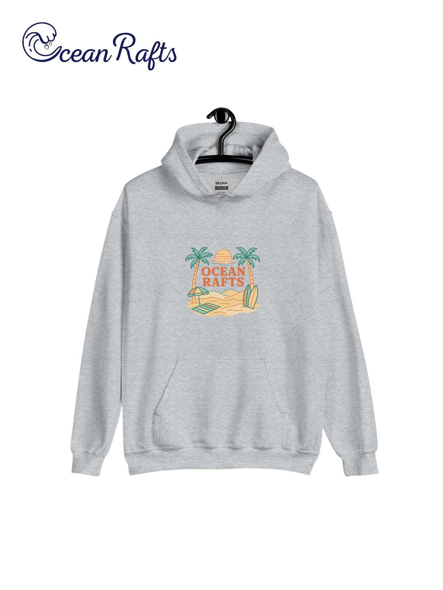 Palm Season Hoodie - Ocean Rafts - AU & NZ - grey hoodie with beach scene with two palm trees, surfboards and sunset