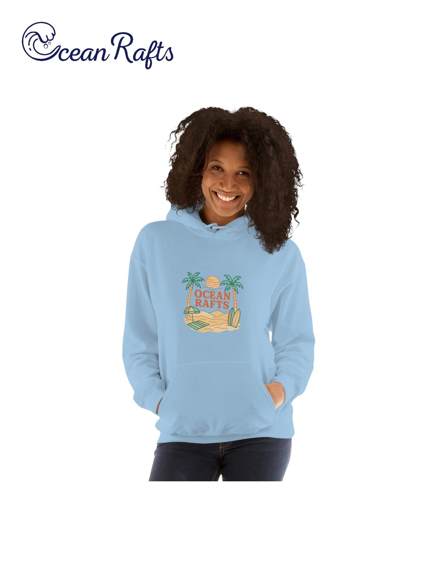 Palm Season Hoodie - Ocean Rafts - AU & NZ - women wearing hoodie with beach scene with two palm trees, surfboards and sunset