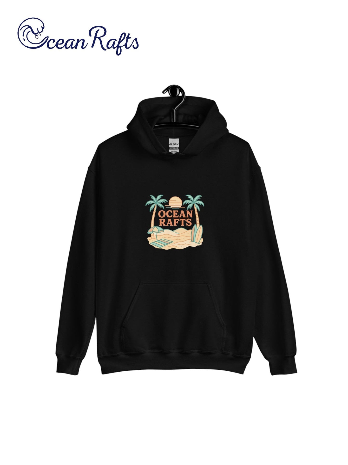 Palm Season Hoodie - Ocean Rafts - AU & NZ - black hoodie with beach scene with two palm trees, surfboards and sunset