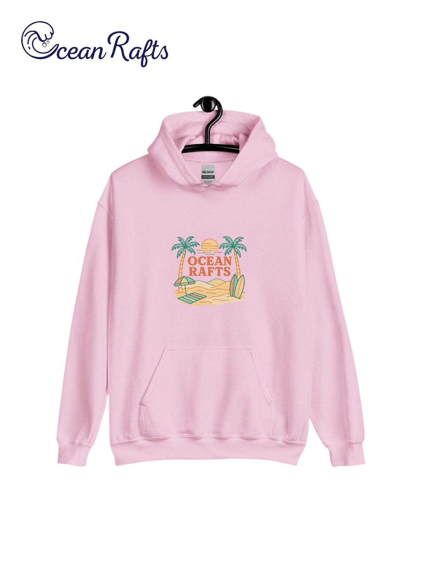 Palm Season Hoodie - Ocean Rafts - AU & NZ - pink hoodie with beach scene with two palm trees, surfboards and sunset