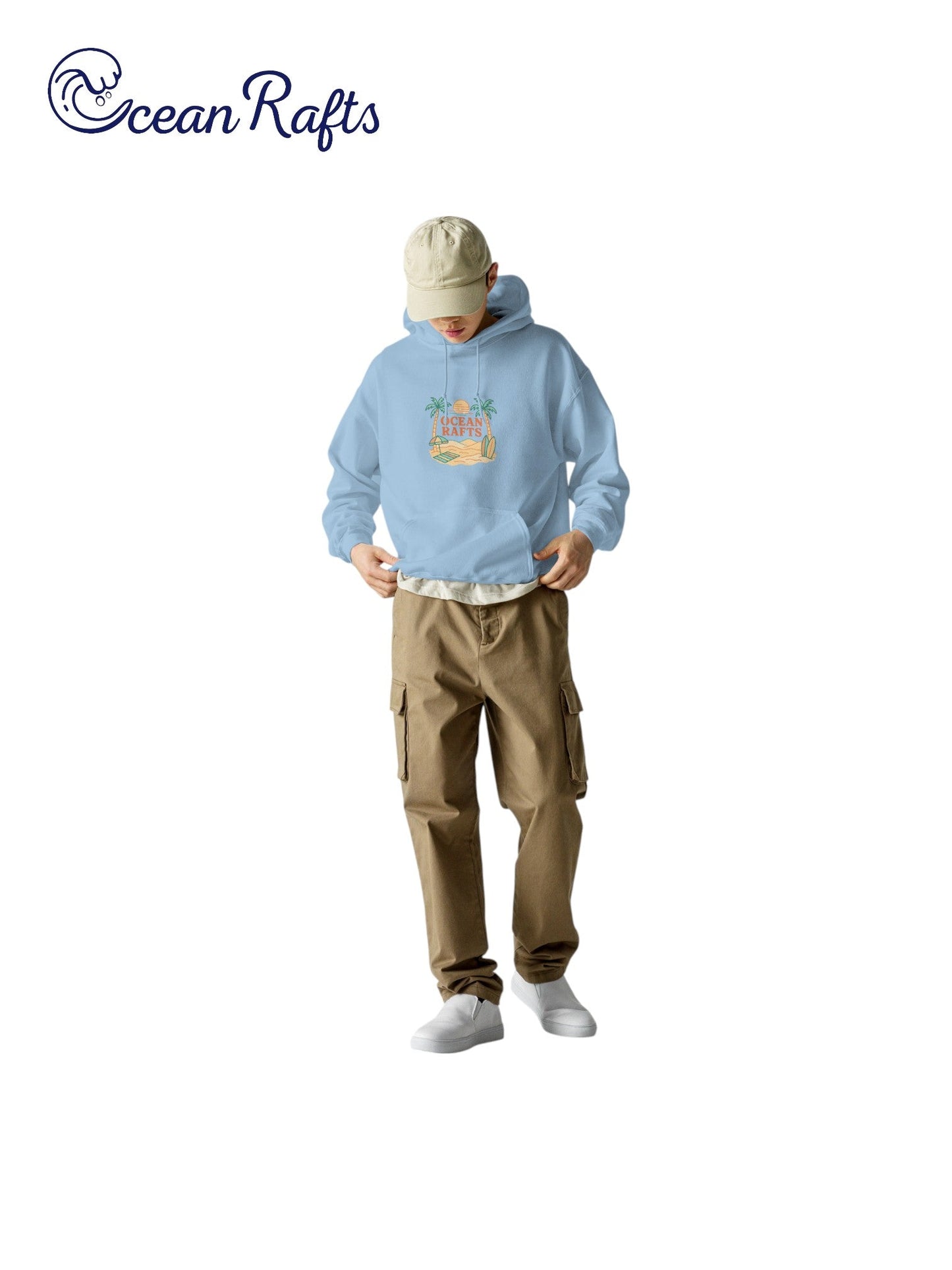 Palm Season Hoodie - Ocean Rafts - AU & NZ - man wearing hoodie with beach scene with two palm trees, surfboards and sunset