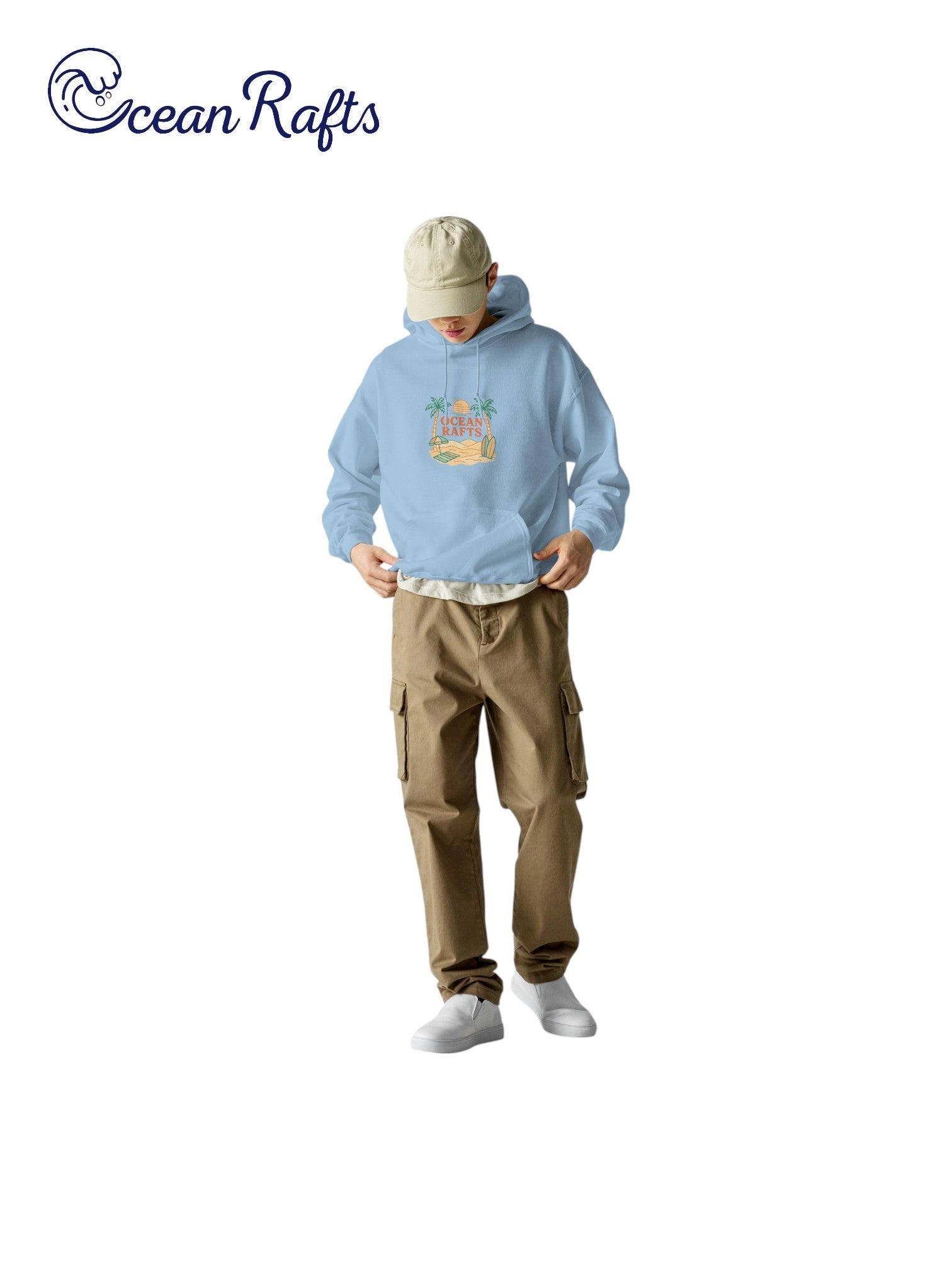 Palm Season Hoodie - Ocean Rafts - AU & NZ - man wearing hoodie with beach scene with two palm trees, surfboards and sunset