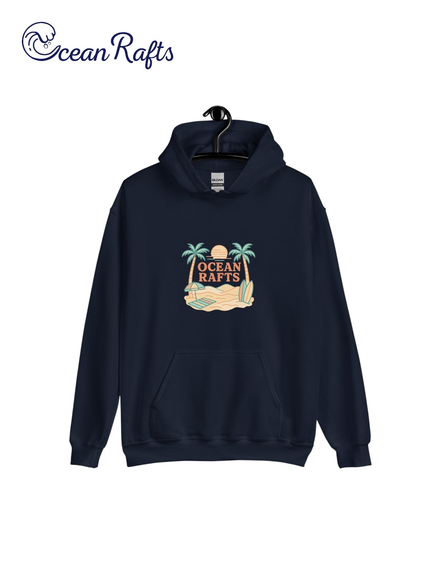 Palm Season Hoodie - Ocean Rafts - AU & NZ - navy blue hoodie with beach scene with two palm trees, surfboards and sunset