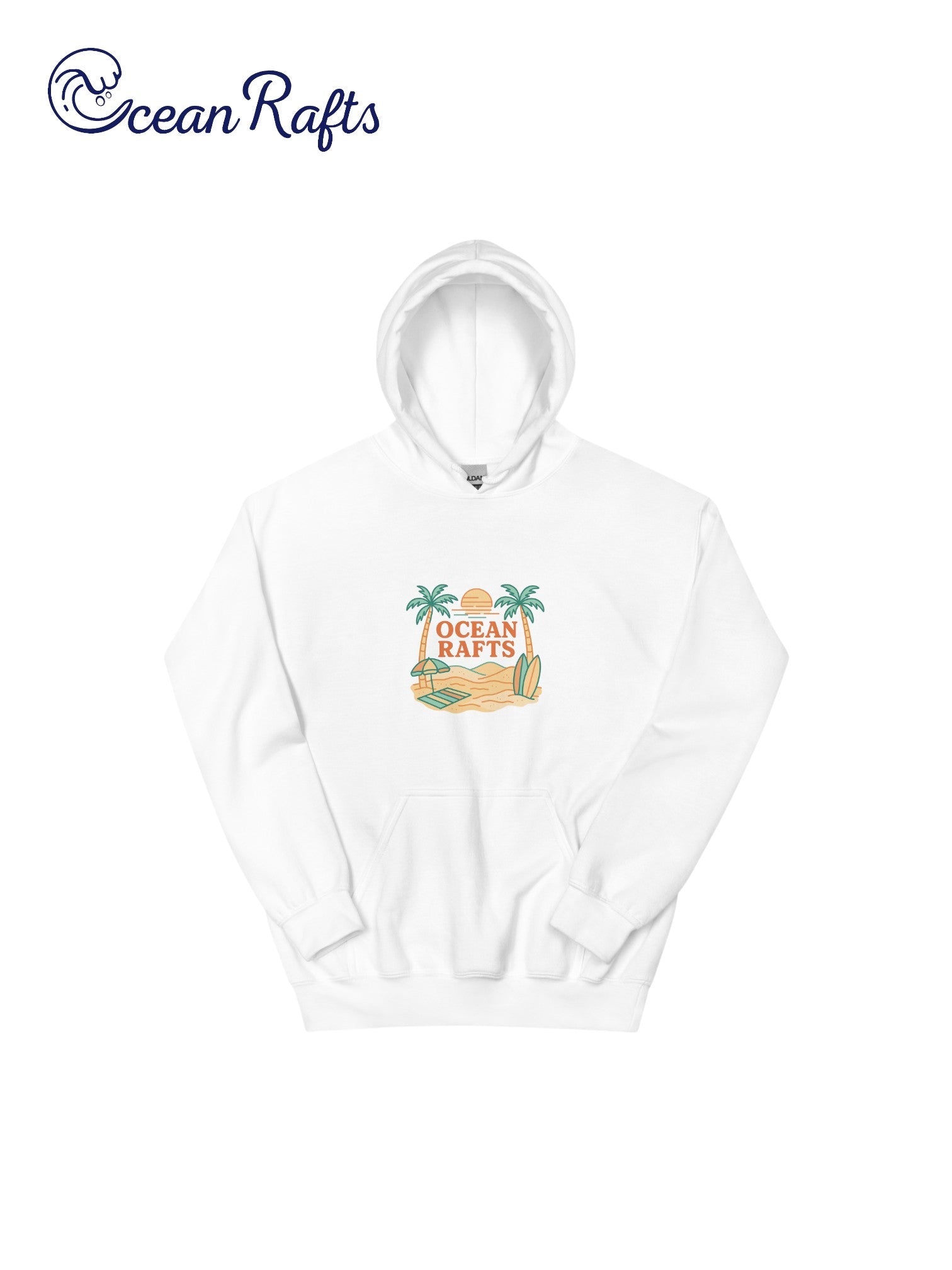 Palm Season Hoodie - Ocean Rafts - AU & NZ -front of white hoodie with beach scene with two palm trees, surfboards and sunset