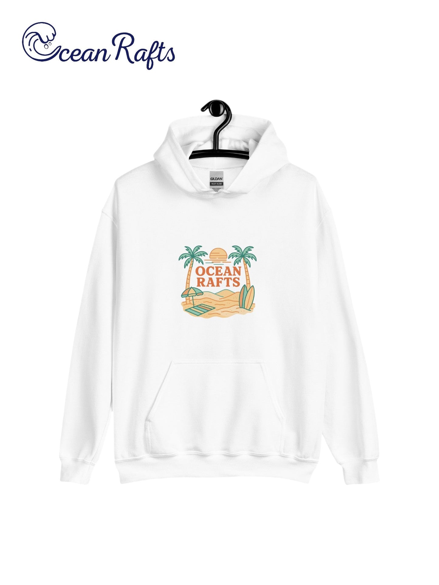 Palm Season Hoodie - Ocean Rafts - AU & NZ - white hoodie with beach scene with two palm trees, surfboards and sunset