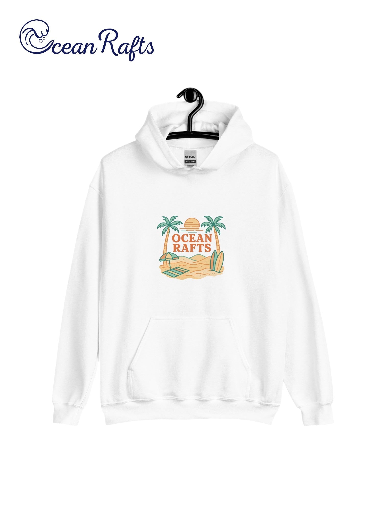 Palm Season Hoodie - Ocean Rafts - AU & NZ - white hoodie with beach scene with two palm trees, surfboards and sunset