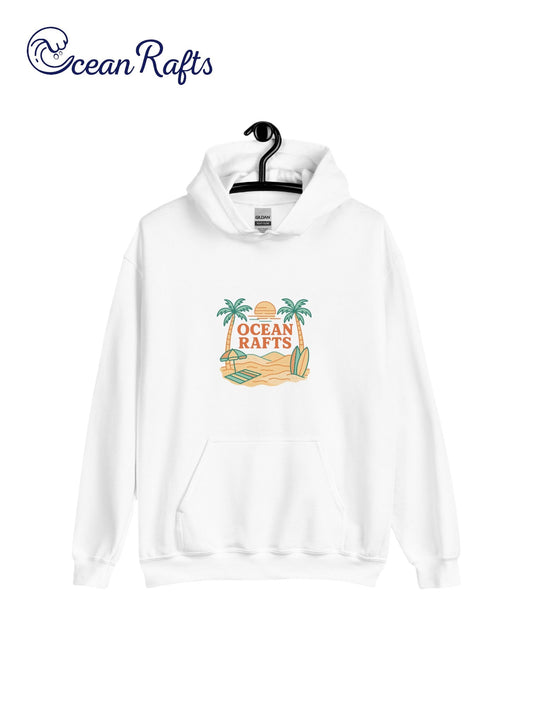 Palm Season Hoodie - Ocean Rafts - AU & NZ - white hoodie with beach scene with two palm trees, surfboards and sunset